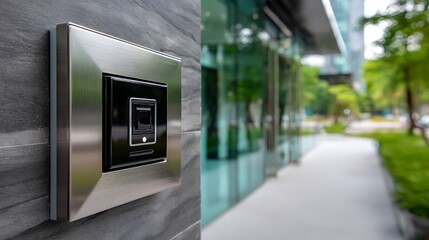 Close-up of modern digital intercom panel next to glass door at the entrance of a new commercial building. Minimalist design, illuminated call button, softly blurred background with greenery and sidew