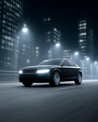 Sleek black SUV driving through a neon-lit city at night.