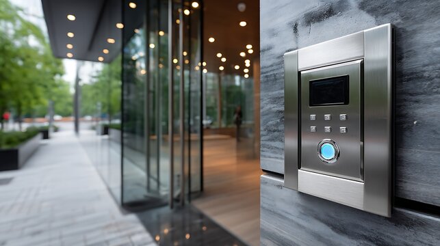Close-up of modern digital intercom panel next to glass door at the entrance of a new commercial building. Minimalist design, illuminated call button, softly blurred background with greenery and sidew
