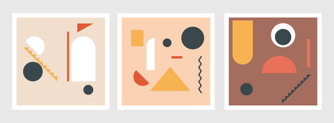Collection of contemporary art posters in pastel colors. Abstract paper cut geometric elements , shapes and strokes, dots. Great deisgn for social media, postcards, print.