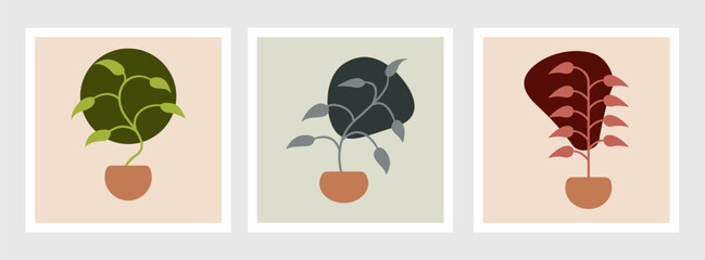 Abstract decorative wall art, collection with summer leaves in vases, still life, line art vector illustration, modern minimalist contemporary design