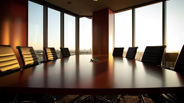 A modern, empty boardroom with a large wooden table and city view.