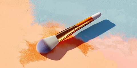 Dual ended makeup brush with gold handle and soft bristles lies on textured pastel background, blending peach and blue hues. brush casts shadow, adding depth to vibrant scene