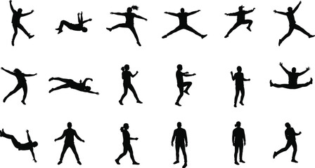 Silhouette figures jumping, dancing, walking, running, isolated on white background, dynamic poses, black human shapes, creative design, stock image