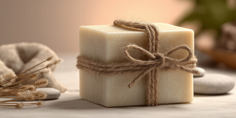Beautifully wrapped handmade soap bar tied with rustic twine sits on serene spa setting, surrounded by soft towels and smooth stones, evoking sense of relaxation and natural luxury