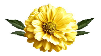 Bright yellow flower with green leaves on a transparent background