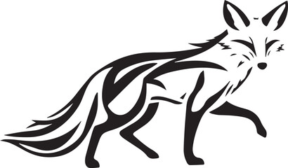A stylized black and white fox design, featuring bold, sweeping, curved lines that form an elegant and abstract silhouette. The fox is seated gracefully, with its tail and fur created using modern, ge