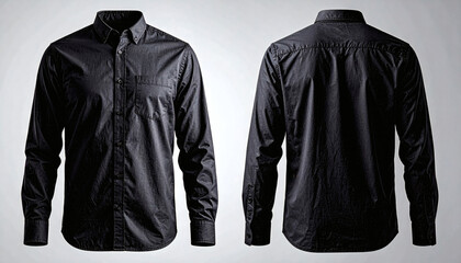 Front and back view of a dark-colored, button-down dress shirt,  studio shot,  fashion product photography.