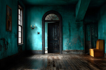 Dark Doorway, Mysterious Room, Teal Wall, Decaying Mansion, Interior Design