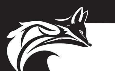 A stylized black and white fox design, featuring bold, sweeping, curved lines that form an elegant and abstract silhouette. The fox is seated gracefully, with its tail and fur created using modern, ge