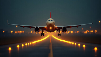 A plane is taking off/landing on a runway at night, illuminated by runway lights under a dark sky.