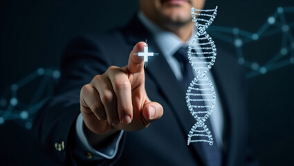 A hand in a suit touches a glowing plus sign next to a holographic DNA strand.