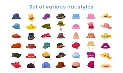 Men and women hats flat vector illustrations set. Unisex elegant headwear isolated cliparts pack on white background. Male and female modern and retro caps.