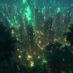 Futuristic urban landscape with glowing skyscrapers surrounded by lush greenery in a vibrant neon-lit city at night