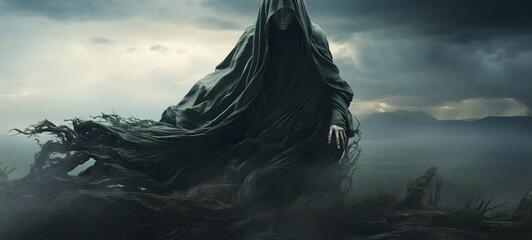 A haunted gothic undead perched on a wind-swept hill,generative AI