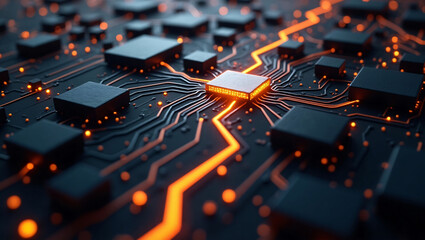 This is a close up of a circuit board. It has a central chip, glowing orange circuits, and components like black chips, with small lights twinkling.