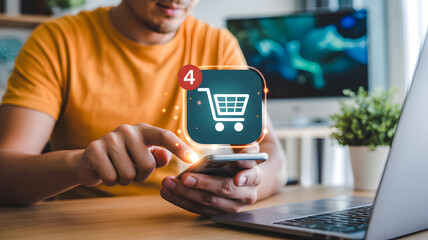 Man expertly navigates mobile app shopping cart, seamlessly adding items for convenient online purchase experience, boosting digital commerce.