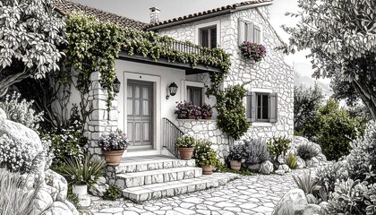 Fototapeta premium Stone House with Greenery, and Mediterranean.