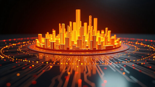 This is a 3D digital model of a city. It's made of glowing orange buildings on a circular platform, with circuit like patterns below.