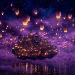 Fototapeta premium Magical city floating on water under starry night sky with glowing lanterns illuminating the dreamlike landscape and ambiance