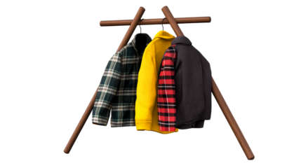Colorful jackets hanging on a wooden rack with transparent background