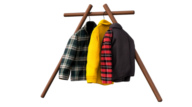 Colorful jackets hanging on a wooden rack with transparent background