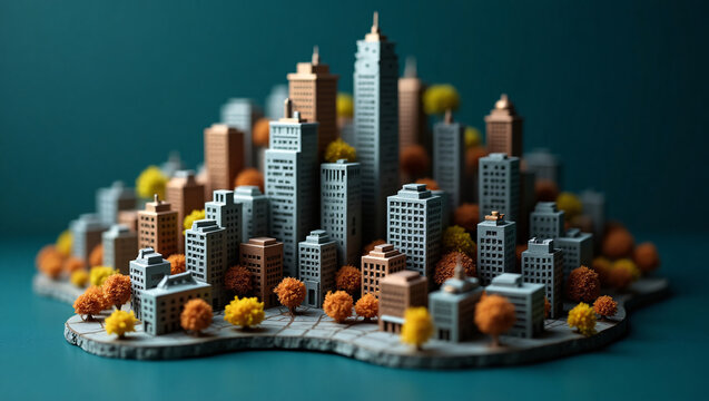 This is a miniature model of a city. It features small buildings and trees, arranged on a base, with a colorful, stylized design.