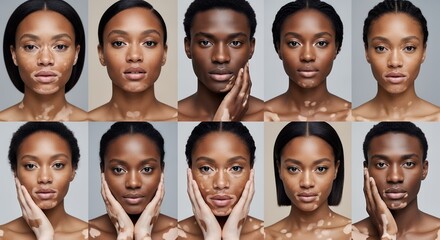 Compilation of diverse portraits displaying vitiligo on individuals with dark skin tones, concept for skin condition awareness, dermatology research and beauty inclusivity initiatives showcasing