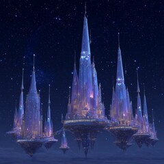 Fototapeta premium Enchanted Floating Castle Under Starry Sky with Glowing Towers and Magical Atmosphere at Night
