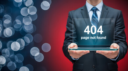 Professional businessman showing 404 error message represents website failure online