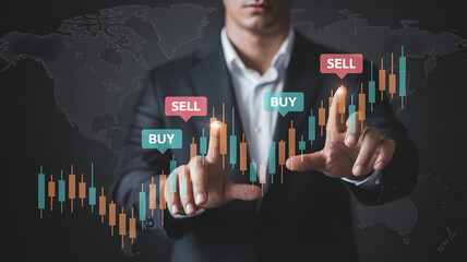 Savvy investor navigates global markets, strategically placing buy and sell orders on a dynamic stock chart interface