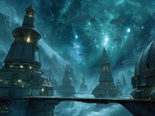 Majestic Alien Cities Under Stellar Skies with Spaceships and Galactic Wonders