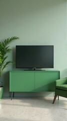 Stylish Monochrome Green Living Room with Modern TV Console and Palm Plant.