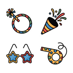 Obraz premium Party supplies such as sunglasses and noisemakers in vibrant colors perfect for birthday celebrations and festive events. Great for party planning visuals.