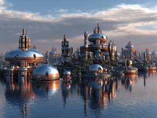 Fototapeta premium Futuristic cityscape featuring silver-domed structures, reflective water, and advanced architecture under a blue sky