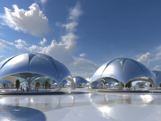Futuristic Architectural Landscape with Sleek Curved Structures and Blue Sky Reflecting in Modern Design Elements