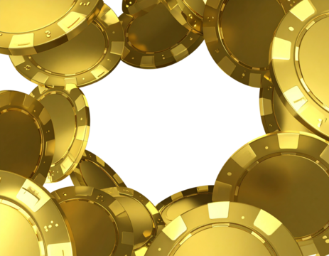 Golden Casino Chips Forming a Circular Vortex, Dynamic 3D Perspective, Transparent Background