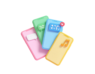  Stack of Colorful 3D Plastic Smartphone Icons in Perspective View, Floating Composition, Transparent Background