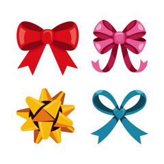 Four colorful bows ideal for enhancing gifts or adding charm to decorations. Perfect for festive occasions or diy projects.