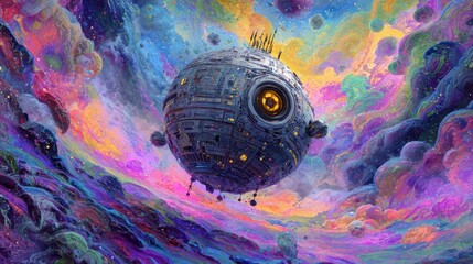 A vibrant, surreal painting depicts a large, spherical, metallic object, detailed with glowing sections, hovering above a colorful, cloud-like landscape filled with planets and stars
