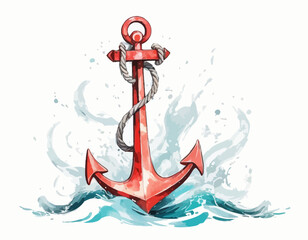 Naklejka premium A bright red nautical anchor with two fluke ends plunges into choppy turquoise and white waves, secured by a thick, twisted whit (1)