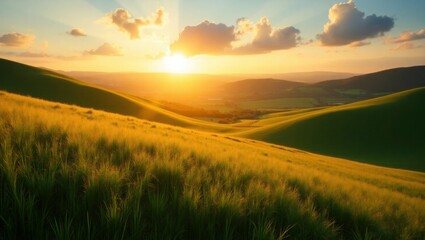 Golden Sunset Over Green Rolling Hills – Warm Evening Landscape Photography