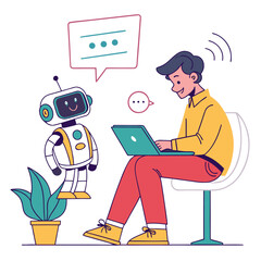 Man interacting with a friendly robot and a laptop isolated on transparent background