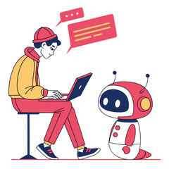 Young man interacting with a friendly robot using a laptop isolated on transparent background
