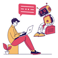 Man interacting with a friendly robot via laptop and chat bubble isolated on transparent background