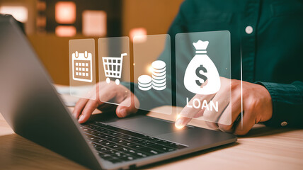 Man's hand interacting with digital loan application interface on laptop, symbolizing financial planning and access to funds