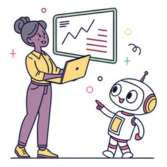 Woman and robot collaborating on data analysis isolated on transparent background