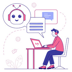 Person interacting with a friendly chatbot on a laptop isolated on transparent background