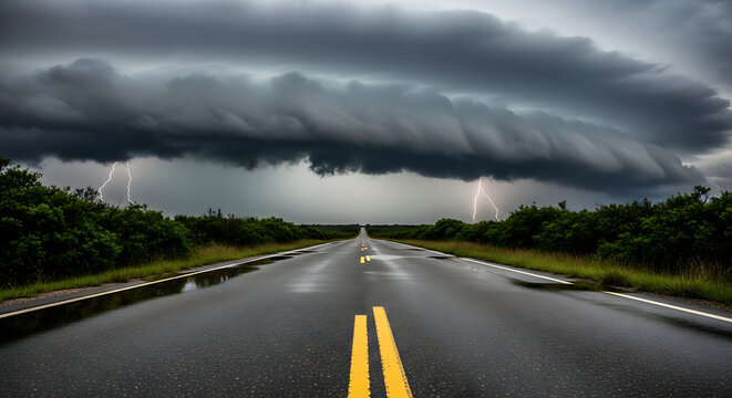 Ominous supercell storm with a massive shelf cloud and lightning advancing over a wet, empty country road