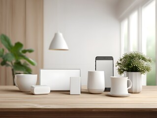 Obraz premium Minimalist Workspace with White Vases and Technology